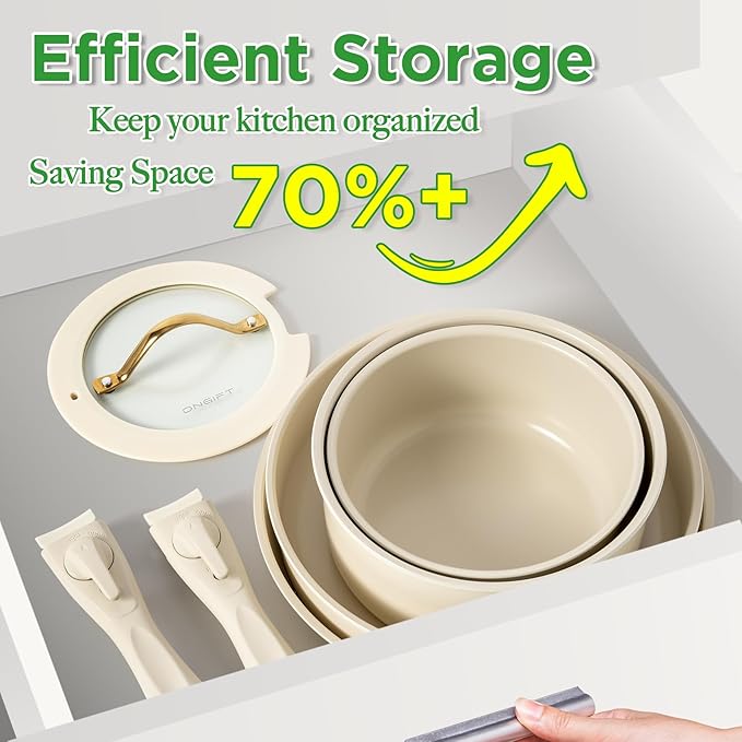 20pcs Ceramic Cookware Set Nonstick Detachable Handle Pots and Pans Set RV Kitchen Set Removable Handle for Cooking Non Toxic No PFAS &amp PTFE &amp PFOA Dishwasher/Oven Safe Cream White