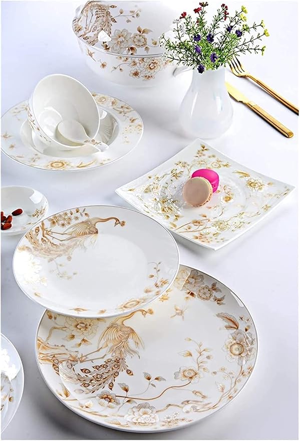 Dinnerware Set Dinner Party Tableware Service Set 50-Piece White &amp Gold Bone China Dinnerware Set Tabletops White Porcelain Round Dinnerware Collection