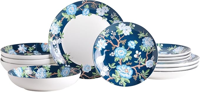 222 Fifth 12-Piece Porcelain Dinnerware Set for 4 Luxury White &amp Bohemian Blue Plates and Bowls Set Glossy Ceramic Dish Set with Detailed Floral Microwave &amp Dishwasher Safe Dishes Nighting