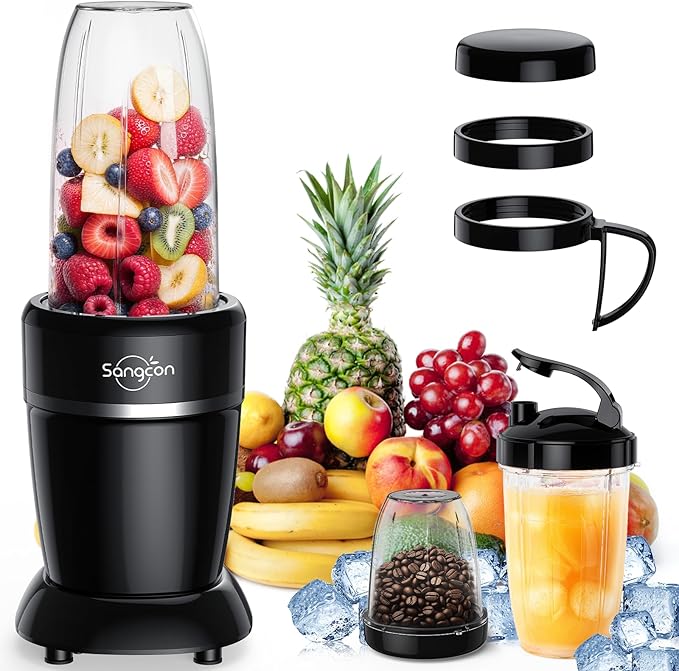 Sangcon 1000W Smoothie Blender for Kitchen Blenders for Smoothies with (3) Cups (2) Spout Covers (1) Storage Cap (1) To-Go Cap Portable Blender for Shakes Ice Crushing Frozen Drinks Spices