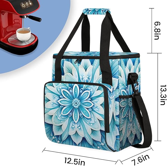 Floral Design Coffee Maker Travel Bag for Keurig K-Mini/K-Mini Plus Insulated Waterproof Tote with Pockets for K-Cup Portable Single-Serve Brewer Case
