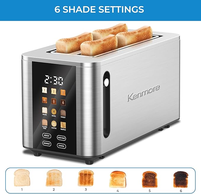 Kenmore 4-Slice Digital Touchscreen Toaster - 1400W Stainless Steel Wide Slots 6 Shade Settings Bread Presets Countdown Timer Reheat &amp Defrost Functions Compact Countertop Design tostadora dig