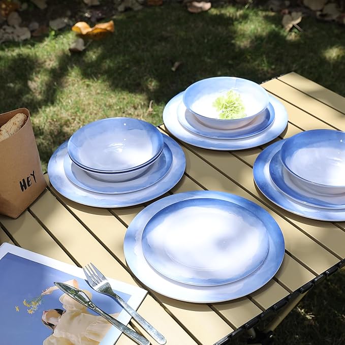Melamine Dinnerware Sets- 12pcs Melamine Plates and Bowls Set for 4 Suitable for Indoor and Outdoor Use Blue