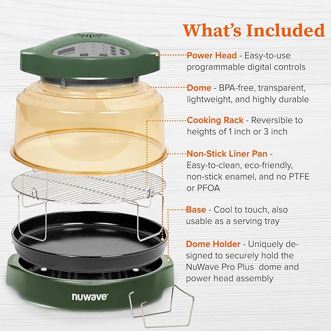 Nuwave Oven Pro Plus Air Fryer Infra-Red Countertop 2025 Advanced Convection No Defrosting or Preheating Cook Fresh or Frozen Durable Power Dome 100 Presets &amp 50 Memory PFAS Free Wild Oliv