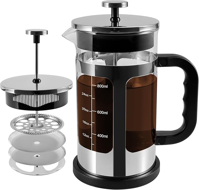 French Press Coffee Tea Maker Upgrade Heat Cold Resistant Thickened Glass with 4 Level Stainless Steel Filtration System Brew Coffee &amp Tea BPA Free Large 1000ml 34oz (Silver)