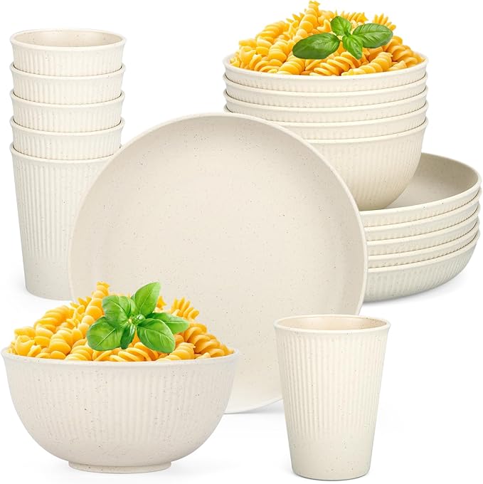 18PCS Wheat Straw Dinnerware Sets Unbreakable Reusable Dinnerware Set for 6 Microwave Dishwasher Safe Dinnerware for Outdoor Camping Dishes