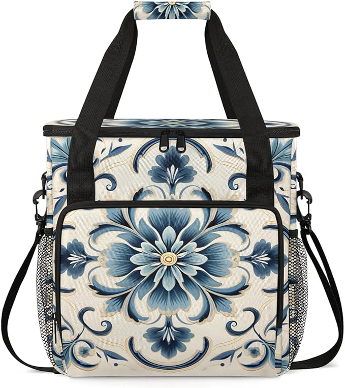 Blue Floral Coffee Maker Travel Bag for Keurig K-Mini/K-Mini Plus Insulated Waterproof Tote with Pockets for Portable Single-Serve Brewer Case