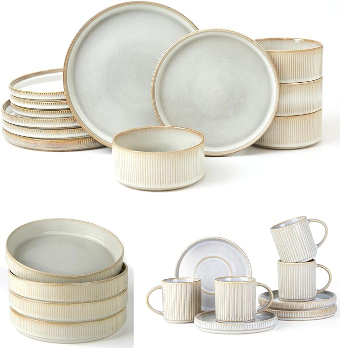 Famiware Star Dinnerware Set and Pasta Bowls with Coffee Mugs Set Service for 4 (20 Pieces) - Stoneware Dinnerware Dishes Cappuccino White