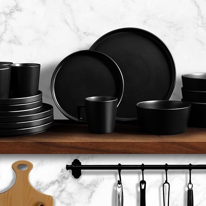 Zulay Kitchen Terra Plates and Bowls Sets 16 Piece Modern Stoneware Dish Set for 4 Chip and Scratch Resistant Ceramic Dinnerware Set Microwave and Dishwasher Safe Matte Black