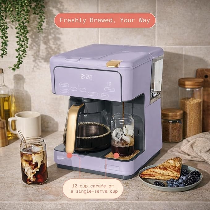 Multi Brew Coffee Maker with Single Serve and Carafe Brewing Options for Countertop Home Use (Lavender)