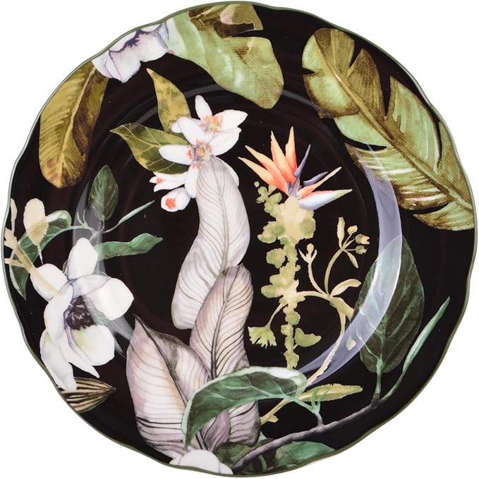 222 Fifth 12-Piece Porcelain Dinnerware Set for 4 Black &amp White Plates and Bowls Set with Tropical Floral Design Glossy Ceramic Dish Set Kitchen Tableware Microwave &amp Dishwasher Safe Born