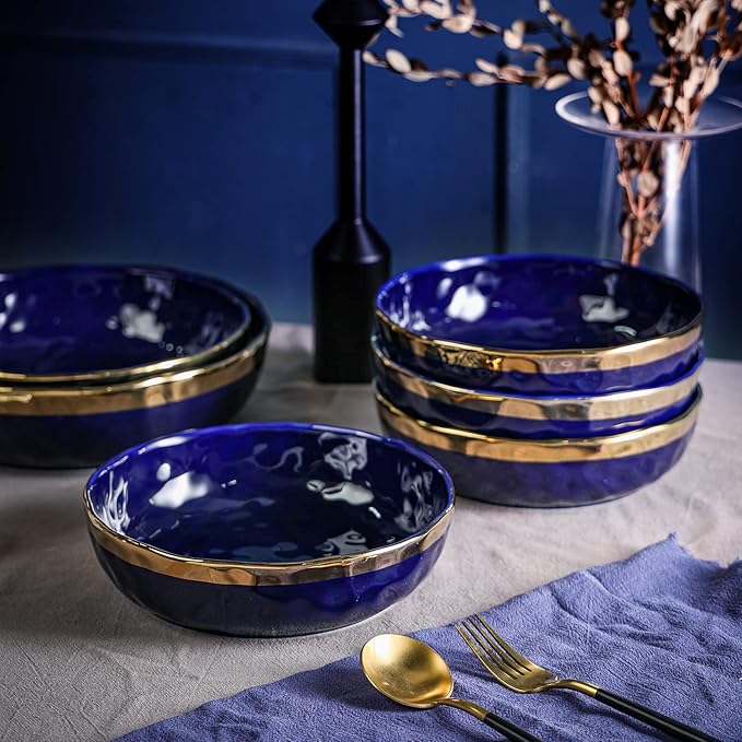 Stone Lain Florian 4-Piece Round Pasta Bowl Set Blue with Gold Rim