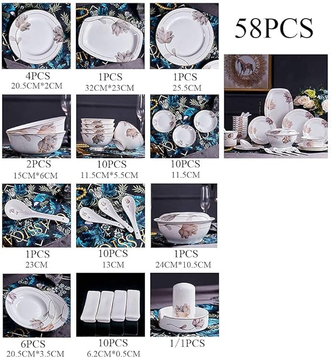 Porcelain Dinnerware Set Line Drawing Petal Decoration Bone China Tableware SetDishes/PlateCeramic DinnerFine China DinnerwareDishwasher Microwave SafeB58 Pieces Serve 10 People