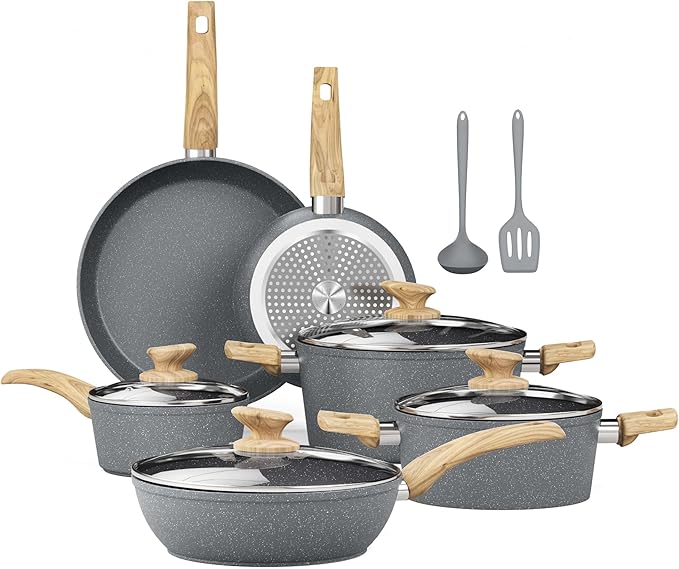 Kitchen Academy Induction Cookware Sets - 12 Piece Gray Cooking Pan Set Granite Nonstick Pots and Pans Set