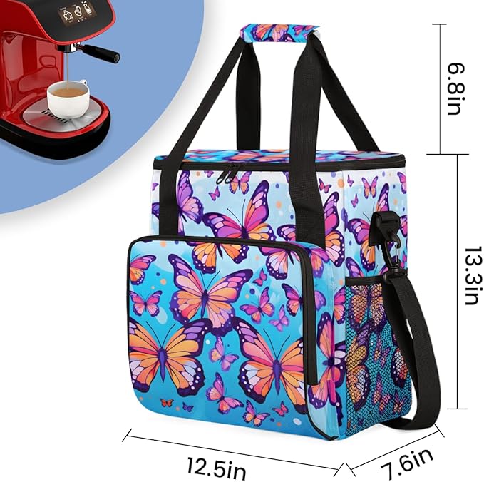 Abstract Butterfly Coffee Maker Carrying Bag Portable Travel Storage Tote Bag Compatible with K-Mini or K-Mini Plus Single Serve Coffee Brewer Carrying Case with Multiple Pockets &amp Shoulder Stra