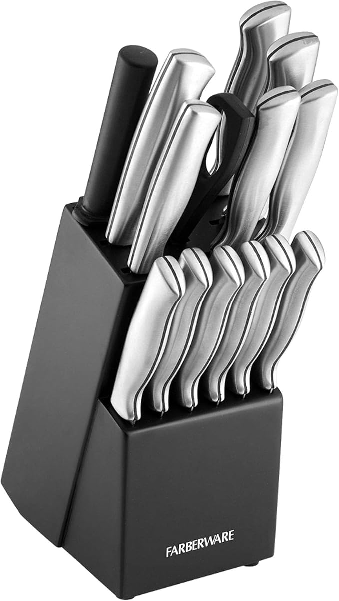 Cook N Home 12-Piece Stainless Steel Cookware Set Silver &amp Farberware Stamped 15-Piece High-Carbon Stainless Steel Knife Block Set Steak Knives Black