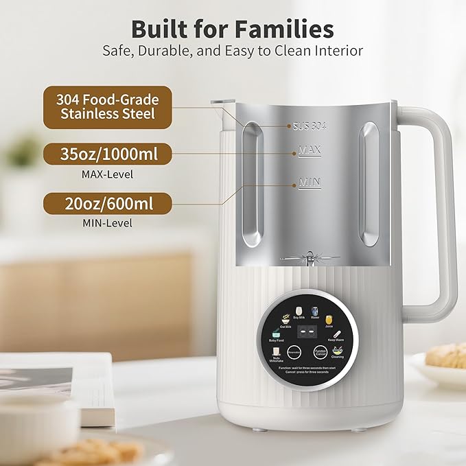 35oz Nut Milk Maker Machine: 8-in-1 Soy Milk Maker with Auto Clean &amp 20-Blade - Multi-Function Nut Milk Machine with Self-Cleaning Auto Shutoff for Vegan Drink (White)
