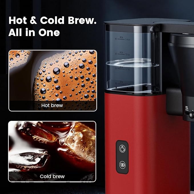 Kismile 8 Cup Drip Coffee Maker Machine Pour Over Coffee Brew with 3s Instant Heat 197-205℉ Removable Water Tank Adjustable Flow Control Deep Cold Brew &amp Keep Warm 40 Min Easy to Clean (Red)