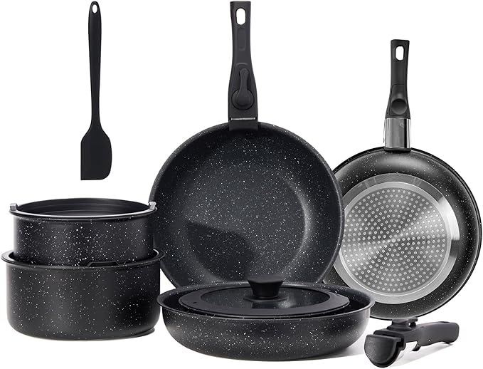 NEWBULIG 12-Piece Pots and Pans Set Nonstick Cookware Set with Detachable Handle Non toxic Induction Kitchen Cooking Set Dishwasher ＆ Oven Safe RV Friendly Black