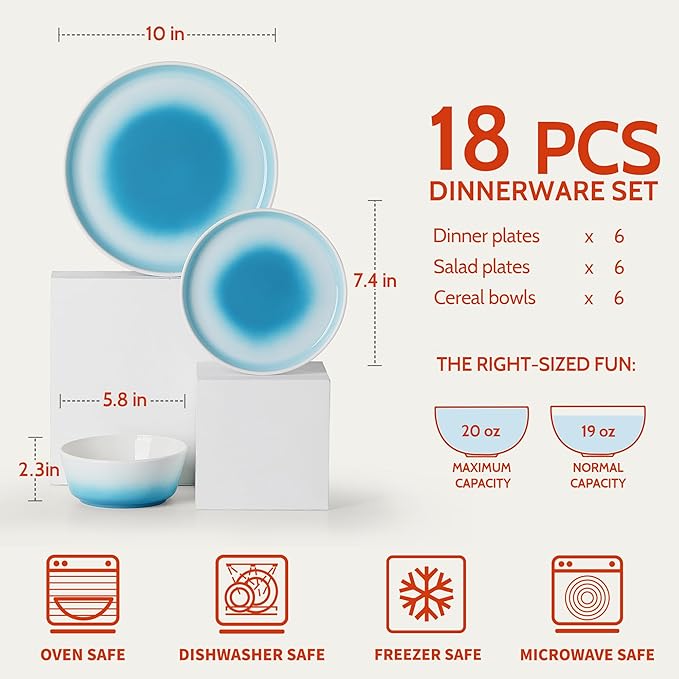Sweese Porcelain Dinnerware Sets Handpainted Plates and Bowls Set for 6 Scratch Resistant Dinner Set Dishwasher and Oven Microwave Safe Dishes Set Blue