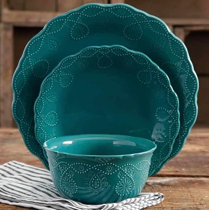 Farmhouse Cowgirl Lace 12-Piece Dinnerware Set Teal