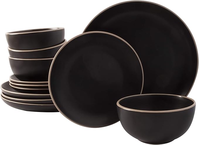 Gibson Home Rockaway 12-Piece Stoneware Dinnerware Set Service for 4 – Modern Round Plates and Bowls Dishwasher &amp Microwave Safe Black