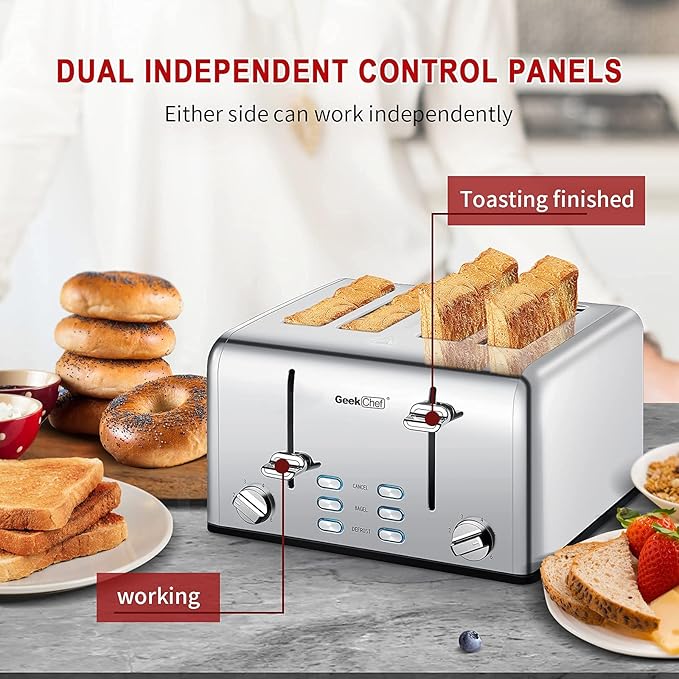 Toaster 4 Slice Geek Chef Stainless Steel Extra-Wide Slot Toaster with Dual Control Panels of Bagel/Defrost/Cancel Function 6 Toasting Bread Shade Settings Removable Crumb Trays Auto Pop-Up