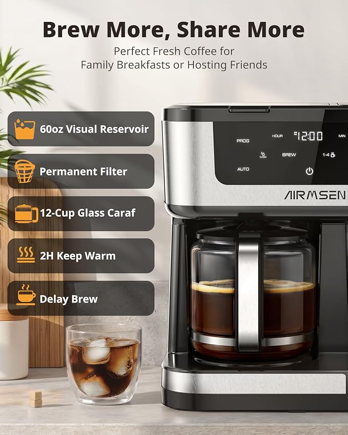 AIRMSEN 12-Cup Programmable Dual Coffee Maker – Single Serve Machine for K-Cup Pods &amp Ground 1000W Fast Brew Delay Start 2H Keep Warm Touchscreen 60oz Tank Glass Carafe – Home &amp Office