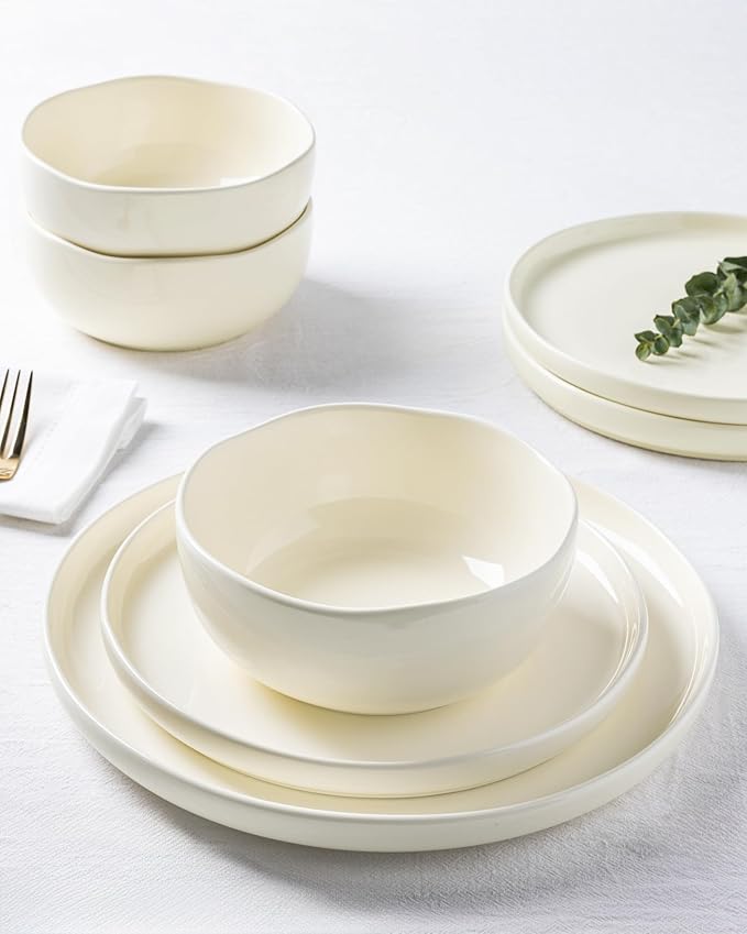 TheTerra Ceramic Dinnerware Sets for 4 12 Pieces Porcelain Lightweight Plates and Bowls Sets Scratch Resistant Dish Set Oven &amp Microwave &amp Dishwasher Safe Beige