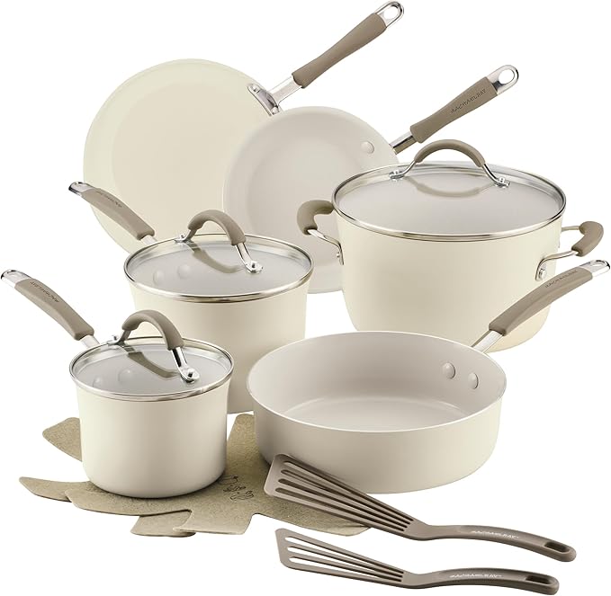 Rachael Ray Cucina Ceramic Cookware Set - 13 Pieces - Ceramic Pots and Pans Set w/Nonstick Frying Pans Saute Pan Saucepans Stockpot Lids Pan Protectors &amp Cooking Utensils - Almond
