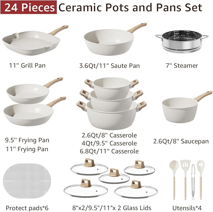 24Pcs Pots and Pans Set Non StickCeramic Cookware Set with Titanium-Reinforced Nonstick CoatingLong-LastingPFAS-FreeInduction CompatibleFull Kitchen Set with 3 Stock Pots for Family Cooking