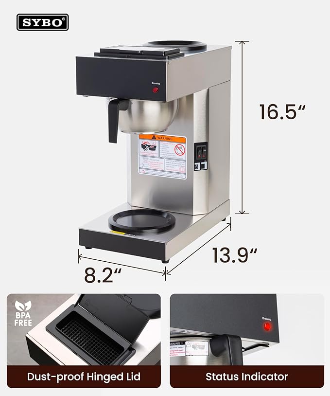 SYBO 12 Cup Coffee Maker Commercial Pour Over Coffee Maker Brewer Industrial Stainless Steel Cafetera with 2 Warmers
