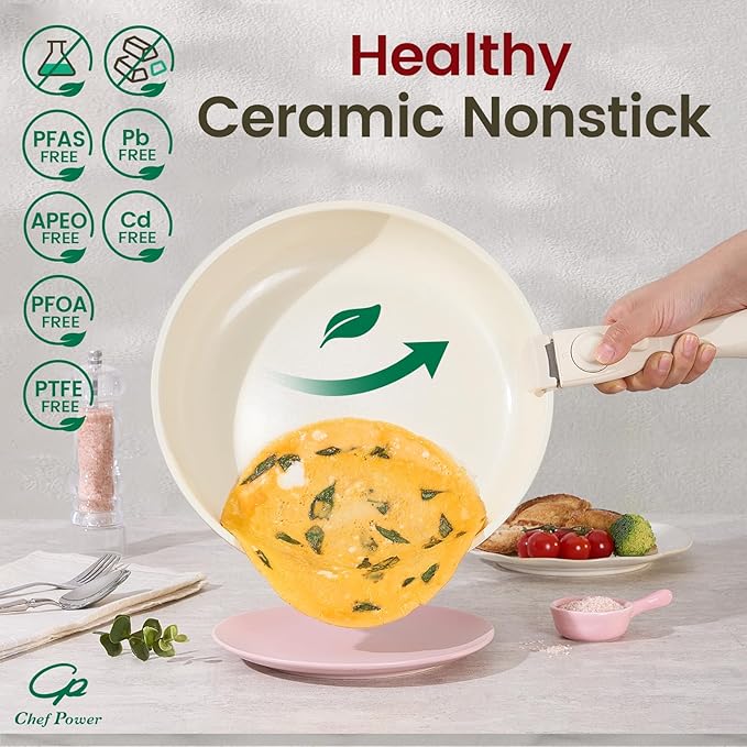 Chef Power Ceramic Nonstick Pots and Pans Set 19 Piece with Detachable Handle Induction Dishwasher Oven Safe Cookware Set RV Kitchen Set Removable Handle (Light Pink)