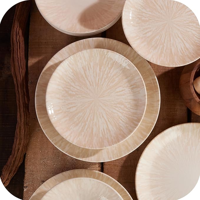 Corona 12-Piece Light Sandy Beige Ceramic Dinnerware Sets Plates and Bowls Service For 4 Nyssa