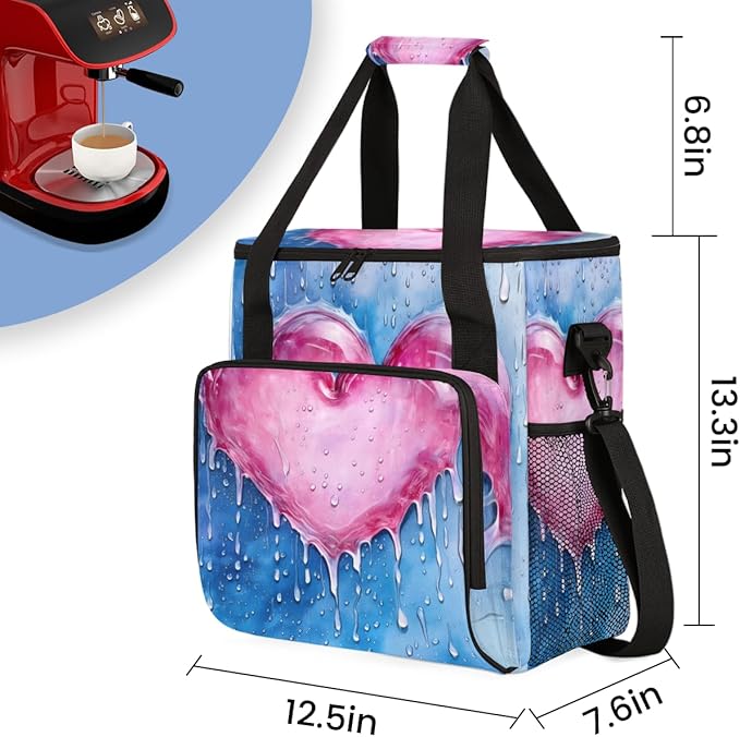 Pink Heart Coffee Maker Carrying Bag Portable Travel Storage Tote Bag Compatible with K-Mini or K-Mini Plus Single Serve Coffee Brewer Carrying Case with Multiple Pockets &amp Shoulder Strap