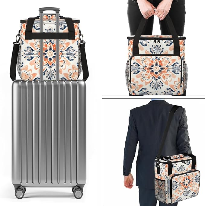Rich Damask Coffee Maker Carrying Bag Retro Floral Travel Storage Bag Compatible with K-Mini or K-Mini Plus Single Serve Coffee Brewer Carrying Case with Multiple Pockets &amp Shoulder Strap
