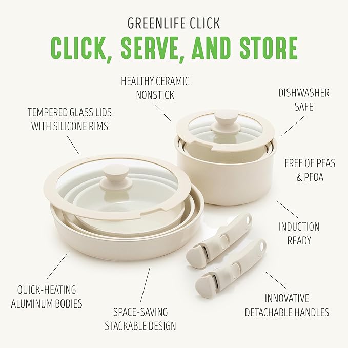 GreenLife 10 Piece Nonstick Pots &amp Pans Set Detachable Handle &amp Stackable Cookware Set Non Toxic PFAS-Free Skillets Induction Kitchen Pans Space Saving Serving Bowls Oven Safe Speckled