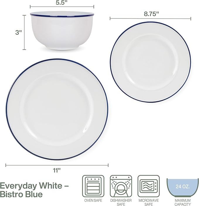 Everyday White by Fitz and Floyd Bistro Blue Band 12 Piece Dinnerware Set Service for 4