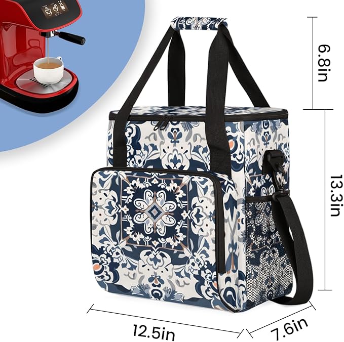 Botanic Flower Coffee Maker Carrying Bag Aztec Floral Travel Storage Bag Compatible with K-Mini or K-Mini Plus Single Serve Coffee Brewer Carrying Case with Multiple Pockets &amp Shoulder Strap