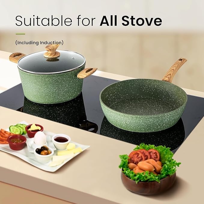30-Piece Non-Stick Cookware and Bakeware Set - Granite Coated Kitchen Pots and Pans Including Baking Tray Frying Pan and Saucepan Stylish Green Design