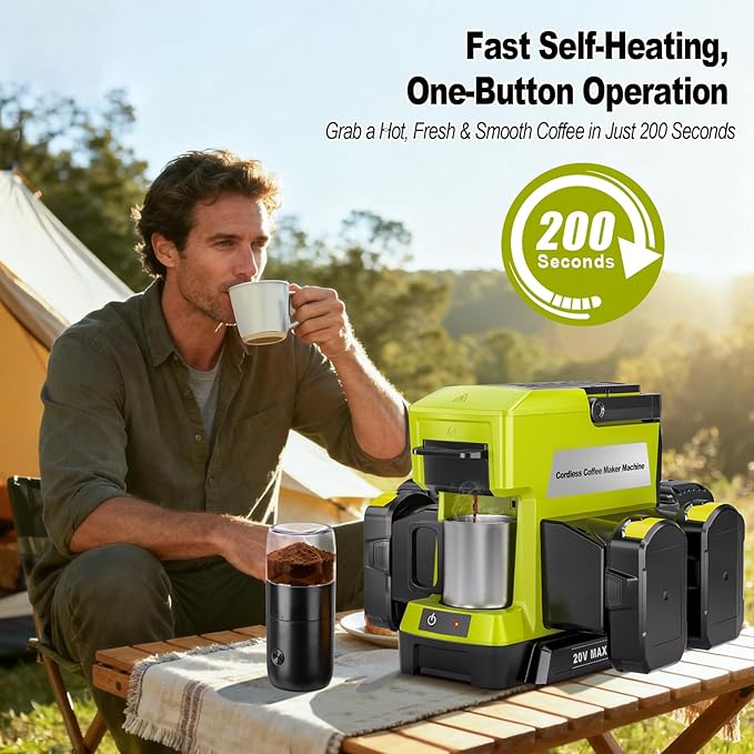 Taingwei Cordless Coffee Maker for Ryobi 18V Battery Portable Drip Coffee Maker with Electric Coffee Grinder for RV Camping Travel Car Hiking (Battery Not Included)