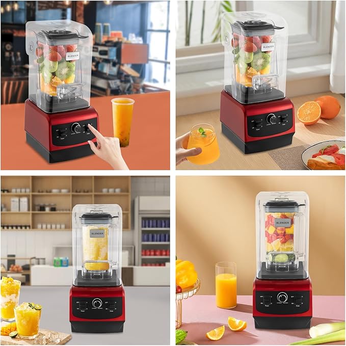 Smoothie Machine w/ Pusher 2.2L/74.4oz Electric Milkshake Blending Machine 6-blade Speed Adjustable Grain Grinder Countertop Automatic Sauce Mixer Commercial/Home Ice Crusher 8.27*9.84*18.9in Red