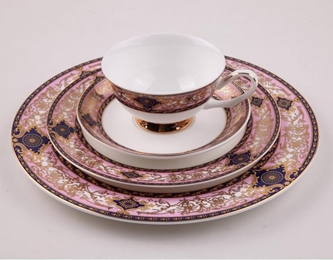 European Style Dinnerware Set Service for 4 Bone China Dinnerware Sets Unbreakable Porcelain Dinner Sets Coffee Cup and Saucer Tableware Set Steak Dinner Plates Dish Set Pink-3