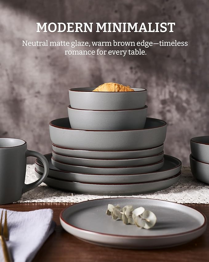 Famiware Mercury Plates and Bowls Sets 12 Pieces Stoneware Dinnerware Sets Dishes Set for 4 Microwave and Dishwasher Safe Dark Grey