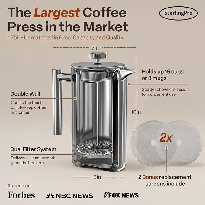 Stainless Steel French Press Coffee Maker 1.75 L (59 oz) Mirror – Double Walled Insulated Extra Large French Press Durable Design Keeps Drinks Hot Easy to Use and Clean for Rich Flavor