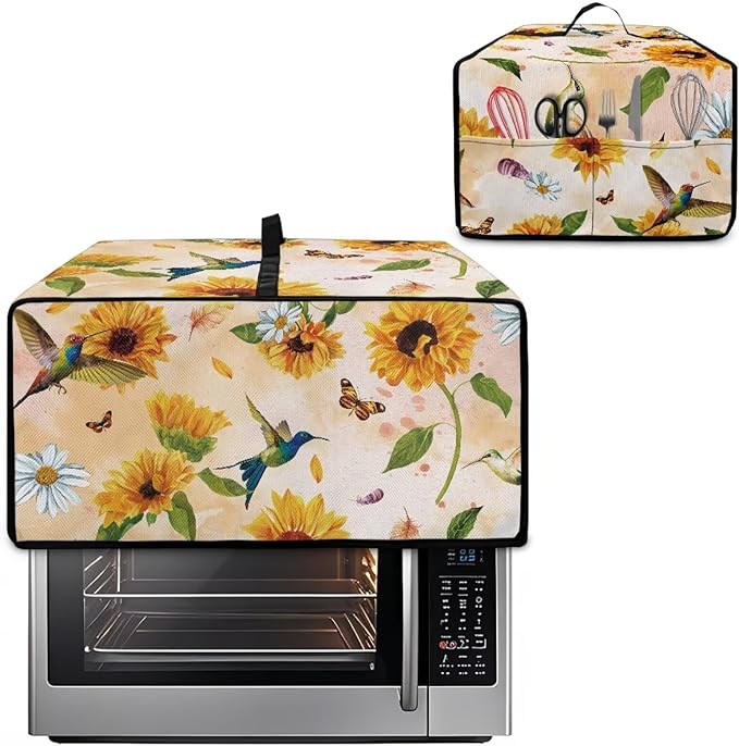 Mumeson Hummingbird Sunflower Toaster Oven Dust Cover Waterproof Dust Proof Bread Machine Cover with Accessory Pockets Small Kitchen Appliance