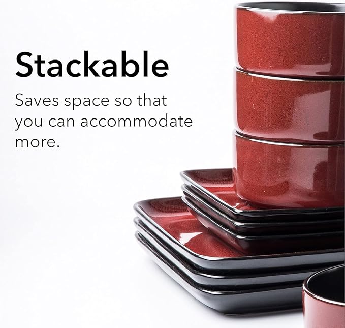 FLACKAR Square Stoneware 16pc Double Bowl Dinnerware Set for 4 Dinner Plates Side Plates Cereal Bowls Pasta Bowls - Reactive Glaze Red (480349)