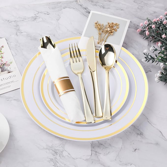 BESTVIP 175PCS Gold Plastic Dinnerware Set Disposable Party Plates for 25 Guests Include: 50 Plastic Plates 25 Pre Rolled Napkins with Gold Silverware 25 Cups for Christmas Halloween
