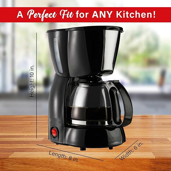 4 Cup Coffee Maker with Glass Carafe – Compact Drip Brewer with Reusable Filter Warming Plate BPA-Free Design Black White and Blue (Black)