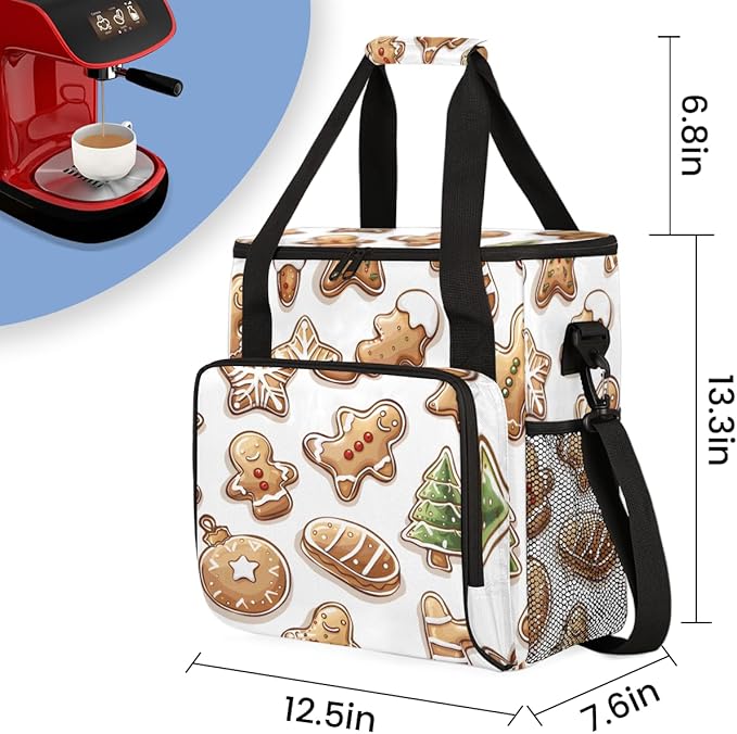 Cute Gingerbread Man Coffee Maker Carrying Bag Portable Travel Storage Tote Bag Compatible with K-Mini or K-Mini Plus Single Serve Coffee Brewer Carrying Case with Multiple Pockets &amp Shoulder St